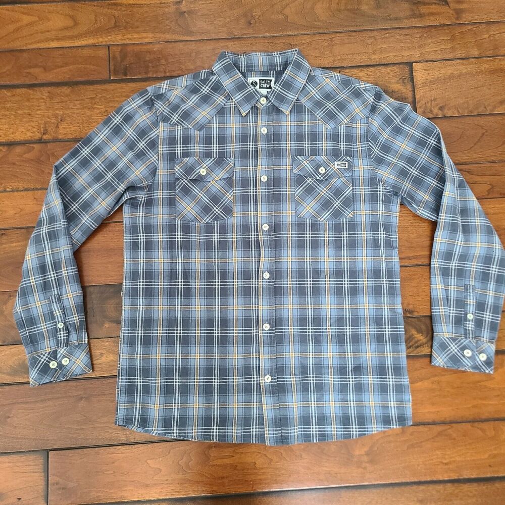 SALTY CREW Long Sleeve Plaid Flannel Men's Size L Blue Yelllow